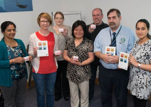 Derry City and Strabane District Council PCSP manager Dermot Harrigan pictured with  from left, Shivaranjani Tetali, Agnieszka Luczak from the Migrant Centre NI, Karen Tracey, Good Relations team, Karen Scrivens, Active Citizens Engaged, John McCartney, Loughs Agency, facilitator and Jyoti Suri, during a Good Relations Self Protection training event at the Loughs Agency. Picture Martin McKeown. Inpresspics.com. 22.09.15