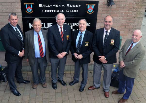 Officials and guests photographed at the Eaton Park pre-match luncheon where Ballymena RFC played Dublin Uni. Included were Derek Montgomery (Chairman), Guy McCullough (President) and Peter McKenzie, vice-chairman. INBT 40-905H