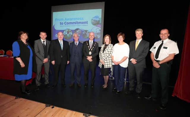 Pictured with the Mayor, Councillor Thomas Beckett, Alderman William Leathem, Chairman of the Governance and Audit Committee and Dr Theresa Donaldson, Chief Executive of Lisburn & Castlereagh City Council is;
(from L-R) Linda Leahy, Director of Talent & Development, Local Government Training Group and key note speakers, Steve Daley, Principal Leisure Manager, Preston City Council, Antony Clark, Assistant Director, Audit Scotland, Cathy McCulloch, Co-Director, The Childrens Parliament, Hugh McCaughey, Chief Executive of the South Eastern Health and Social Care Trust, and Sean Wright, Superintendent of the Police Service of Northern Ireland.