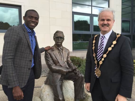 Pictured with The Mayor of Lisburn & Castlereagh City Council, Councillor Thomas Beckett is Fabrice Muamba, former Arsenal and Bolton Wanderers player.