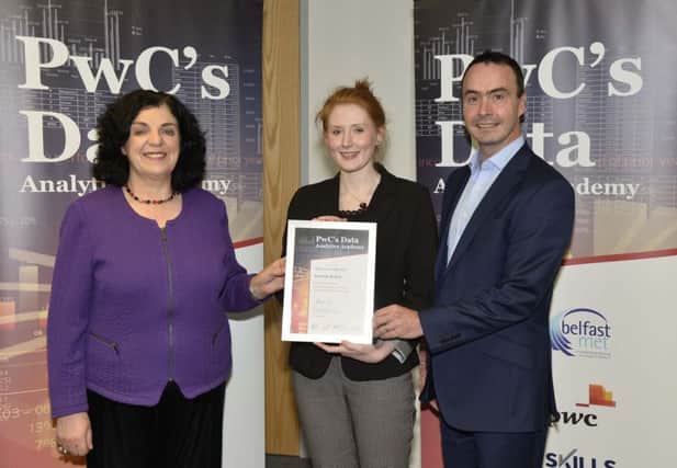 Vanessa Bullen, Carrickfergus, with Dr Mary McIvor, Department for Employment and Learning head of Further Education and Pat Beattie, Technology director, PwC.  INCT 39-751-CON