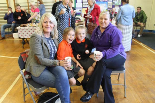 Gillian and Emmi Graham, with Janelle Gilmour and Bobbie Creighton at the Linn Primary School coffee morning in aid of MacMillan last week. INLT 40-625-CON