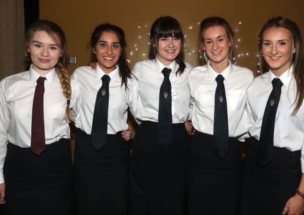 Ballymena Academy students who are taking part in the Asha Delhi Children's Project at last week's charity dinner in the school Assembly Hall. L-R, Lyndsey Simpson, Sasha Bill, Molly McCullough, Tori Coulter and Rebecca Gray. INBT 40-111JC
