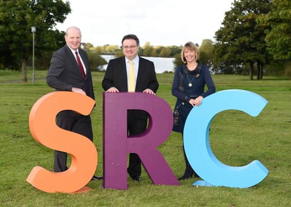 Minister Dr Stephen Farry with Brian Doran, Principal and Chief Executive of Southern Regional College and Margaret Tinsley, Chair of Strategy and Community Planning at Armagh City, Banbridge and Craigavon Council.