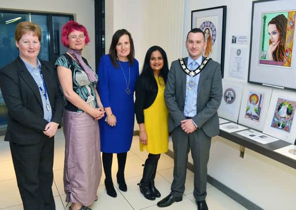 At the launch of the intercultural artwork exhibition in the Braid Arts Centre last week were Deputy Mayor Timothy Gaston with Jackie Patton, Ivy Godard, Norma Beggs and Rosalind Lowry. INBT 41-803H