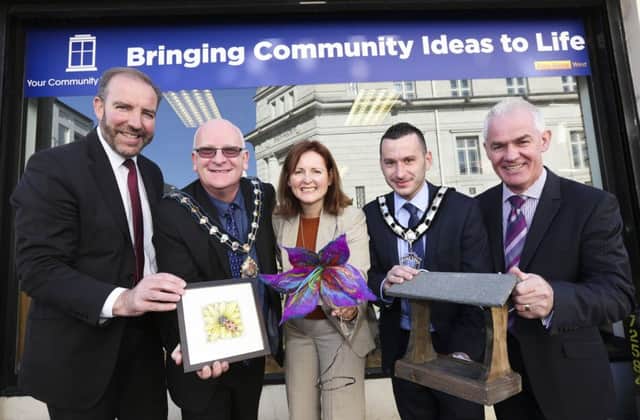 Ken Nelson Chief Executive of LEDCOM which operates the hub, Mayor of Mid and East Antrim Councillor Billy Ashe, Joanne Brown Kerr, Development Officer from Bann Maine West, Deputy Mayor Councillor Timothy Gaston and Norman Worthington, chair of the community cluster.