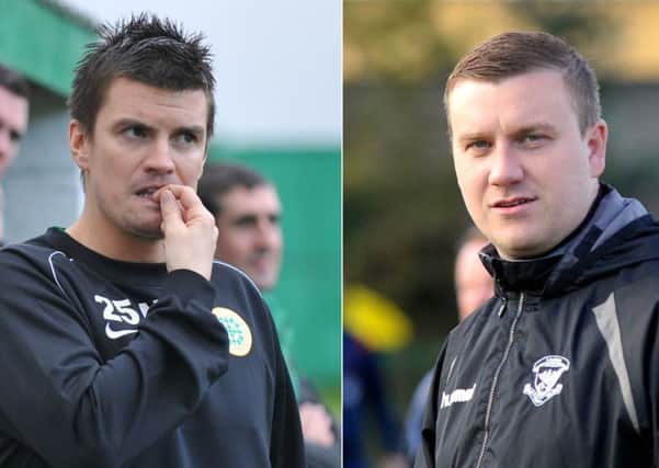 Donegal Celtic manager Nicky Maye and Larne boss Davy McAlinden. Photos: Presseye