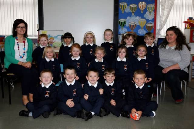 P1 pupils from Braidside Integrated PS with their teacher Miss K. O'Kane and Ms. C. Millr classroom assistant. INBT