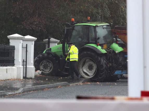 The scene on Castle Street in Ballycastle where a tractor smashed through the walls of the Presbyterian Church. PICTURE KEVIN MCAULEY/MCAULEY MULTIMEDIA