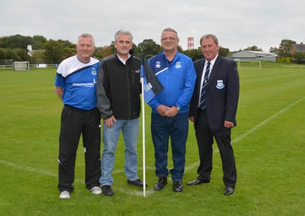 L-R - Paddy Kelly (First team manager), Gary Flaherty (Lagan Group), Geoff Longstaff (Crumlin Committee Member), Tom McPeake (Chairman Crumlin Utd FC).