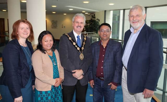 Mayor Thomas Beckett with Joanne Briggs, director of the Leprosy Mission NI, Laxima Kendel, Shovakhar Kandel, director of the Leprosy Mission in Nepal, and Mark Noble, chairman of the Leprosy Mission board. US1539-551cd  Picture: Cliff Donaldson