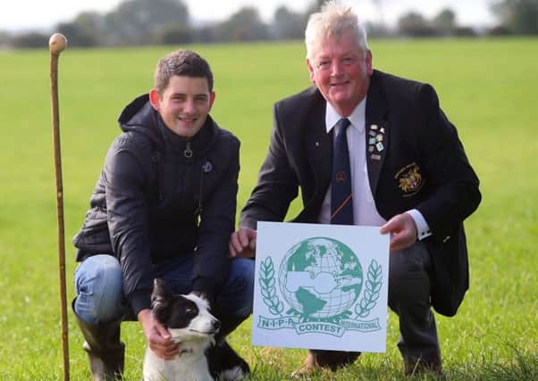 Dean McAuley and Wilson Holden, NIPA Chairman, with Jan the border collie, announcing the first NI Ploughing Championships Open Sheep Dog Trials to take place on Saturday (October 10) at Balmoral Park.