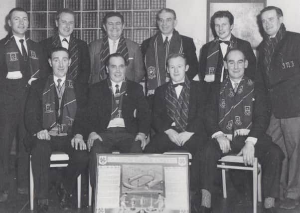 Glasgow Celtic Supporters' Club - Lurgan NO.1 Committee - 1965. Back row, left - right -  JosieMcDonald, F.M. Corry, Desi Hogan, Jim Brady, Kieran McDonald, Joe McGeown. Front Row, Left - Right - Hugh McStravick, Patsy Cassidy, Jim Harbinson, Nially McStravick.