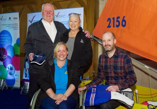 Bob and Christine Harper, founders, Belfast Lough Sailability, with (front) Kerry Mussen, service user and Andrew McCracken, chief executive, Community Foundation for Northern Ireland. INCT 40-793-CON