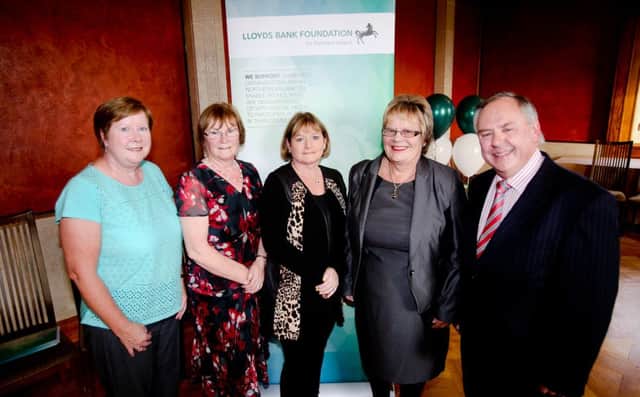 (Left to right) Deirdre McAllister and Ita McNally (Community Circus Lisburn) with Janet Leckey (Lloyds Bank Foundation for Northern Ireland), and Joan and Harold Baird (Damask Community Outreach) at the Foundations special anniversary reception at Stormont to celebrate distributing £32.5m in grants to more than 8,000 charities and community and voluntary organisations since 1985.