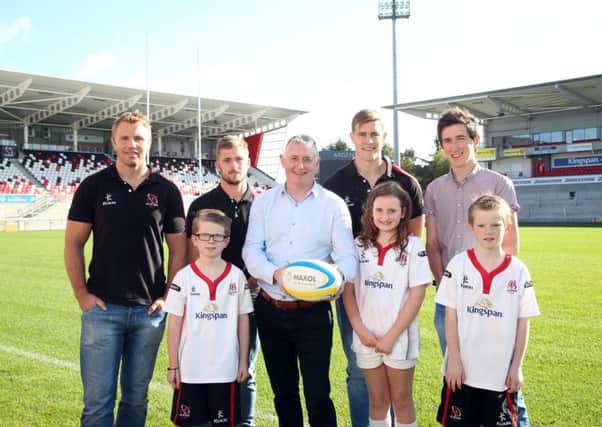 Maxol Ballymoney retailers Glenn Biesty and Conor Reid are pictured at Kingspan Stadium with Ulster Players Roger Wilson, Paul Rowley and Andrew Trimble and mini players Benjamin Doyle, Anna McLaughlin and Noah Doyle to celebrate the Launch of the Maxol Ulster Rugby Mini Festivals and Maxols sponsorship renewal of the Festivals.  Picture by Darren Kidd / Press Eye.