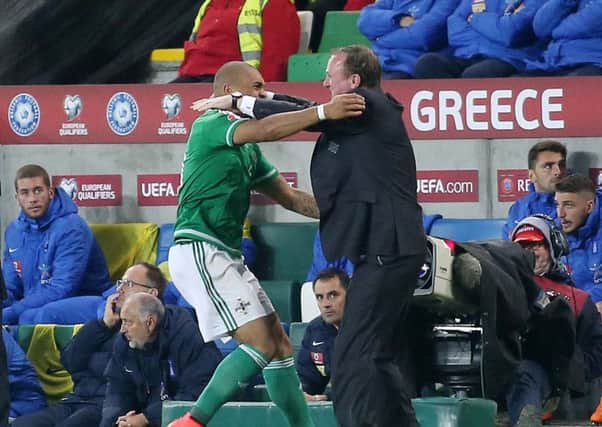Northern Ireland's Josh Magennis celebrates with manager Michael O'Neill after scoring to make it 2-0. 

Picture by Jonathan Porter/PressEye