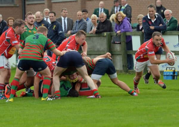 Larne RFC on their way to scoring a try against Donaghadee RFC. INLT 41-024-PSB