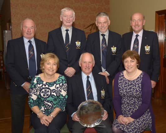Susan Magennis and Jane Boyce presented the Teddy Holton Memorial  Salver to winner Sydney Pepper , included standing is Immediate Past Captain Noel McSherry, Presideny Felix Duffy, Captain Bill McCandless and runner up Declan Dooher ©Edward Byrne Photography INBL1541-205EB