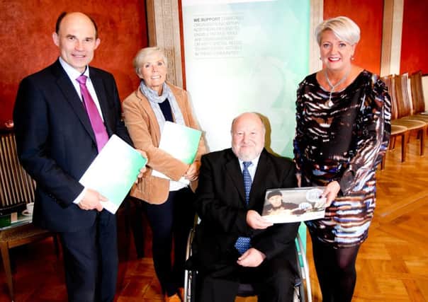 From left: East Antrim MLA Roy Beggs with Maureen Hanvey, Learning to Grow, Stephen Frecknall, Belfast Lough Sailability and Sandara Kelso-Robb, Lloyds Bank Foundation for Northern Ireland, at the foundations 3Oth anniversary reception at Stormont. INCT 41-709-CON