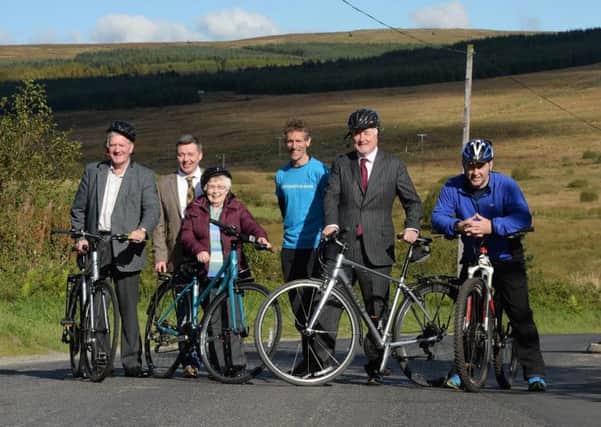 Sean Clarke, Chairman of Broughderg Area Development association, Dan Kelly, Sperrin's councillor, Derry City and Strabane district council, Annie Slane, 90-year-old resident and Cyclist in the Broughderg Area, Lawrence McBride, Cycle Sperrin's and Far & Wild, Terence Brannigan, Tourism NI chairman, Richard Gillen, Tourism, Causeway Coast and Glens borough council