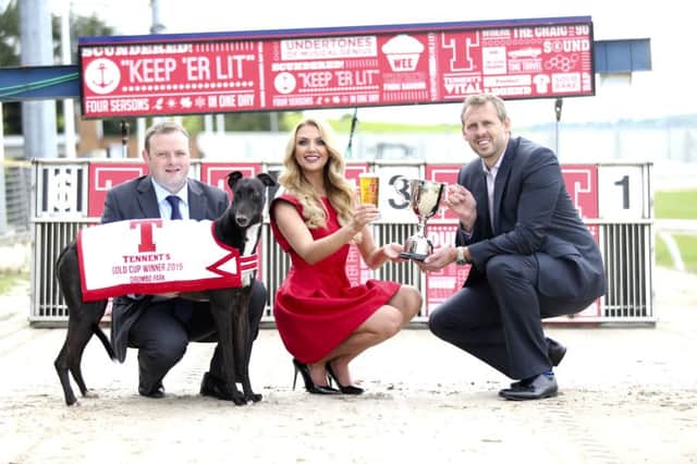 Model Meagan Green with fellow Lisburn local John Connor (left), Drumbo Park Racing Manager, and event sponsor Brian Beattie, Marketing Director with Tennents NI.
