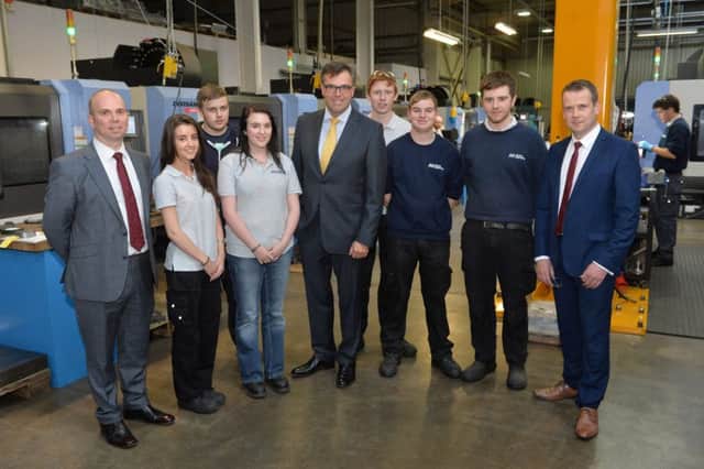 INI Chief Executive meets professionals of the future at McAuley Engineering.
L-R Jonathan McAuley, Amme Liegh Trimble (UUJ placement student), Adam Clarke (Northern Regional College Career Academy), Alice Boyd (UUJ placement student), Alastair Hamilton, Louie Heath (Northern Regional College apprentice), Ryan Moon (Former Northern Regional College Career Academy), David Peacock (Northern Regional College apprentice), David Condell (General Manager) Photo by Aaron McCracken/Harrison Photography