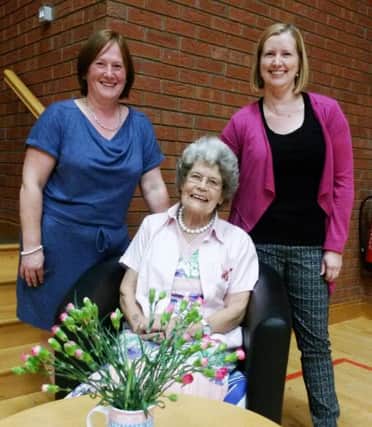 Maud Kells (centre) with Jackie Madden and Alison Wasson of Lisburn Baptist Women.