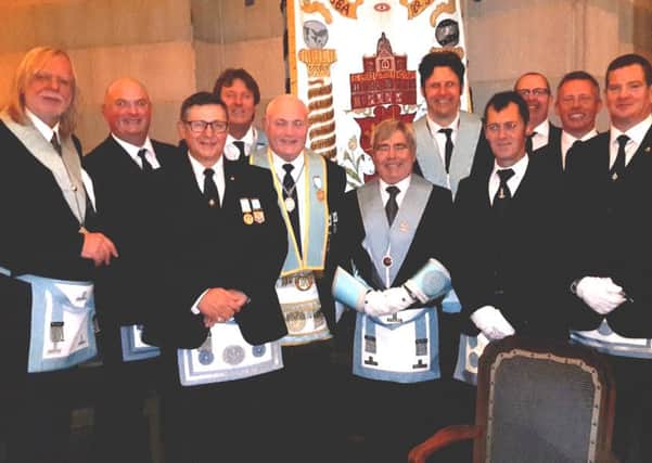 Members of the Feeemasons' Lodges of Londonderry and Donegal, pictured in London at the Grand lodge building with Rick Wakeman, musician with rock music legends, YES.