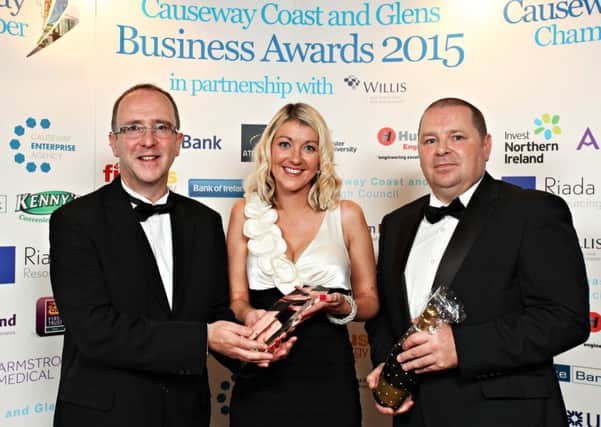 Innovation Award winner at the Causeway Coast and Glens Business Awards 2015 presented by Des Gartland of Invest NI to Pamela Jordan and Eamon Doherty.   138  Business Awards 2015