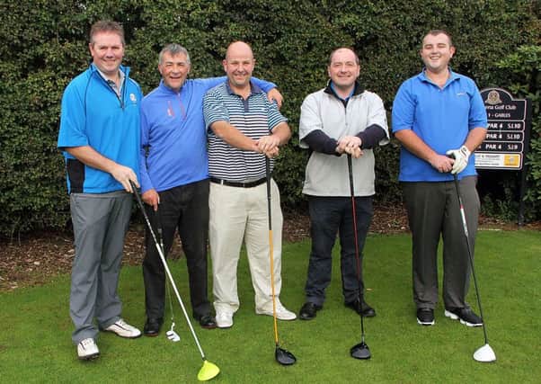 Charlie Robinson, Willie Owens, John Montgomery, Nigel Douglas and Gareth McCullough ready to tee of at Ballymena Golf Club.INBT 42-817H