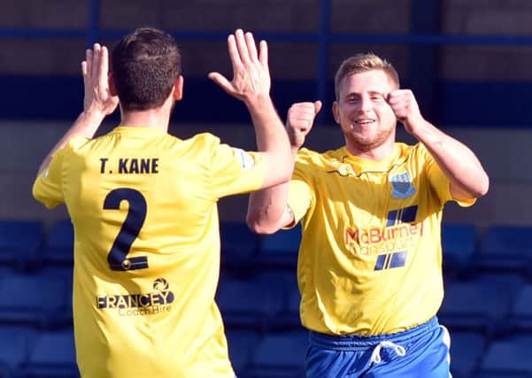 David Cushley celebrates with team-mate Tony Kane after putting Ballymena United ahead in Saturday's defeat at Glenavon. Picture: Press Eye.