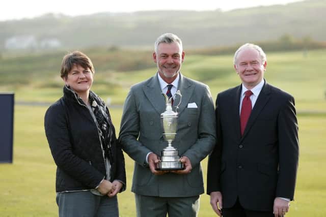 Acting First Minister and Finance Minister Arlene Foster and deputy First Minister Martin McGuinness pictured with Darren Clarke, at the official announcement that The Open Championship is to be held in Royal Portrush in 2019, and twice more before 2040.
 Picture by Kelvin Boyes / Press Eye.