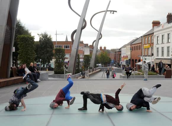Josh Nimmon, Ryan McCann, Connor Worsfold and Darryl Doney pictured break dancing on the new LED Dance Floor in Lisburn City Centre on Saturday 17th October.