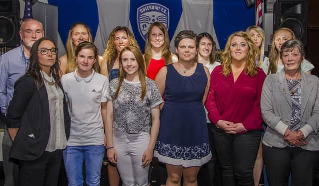 Team members of Coleraine Ladies Football Club at their Annual Awards Dinner. INCR42-15 001BW