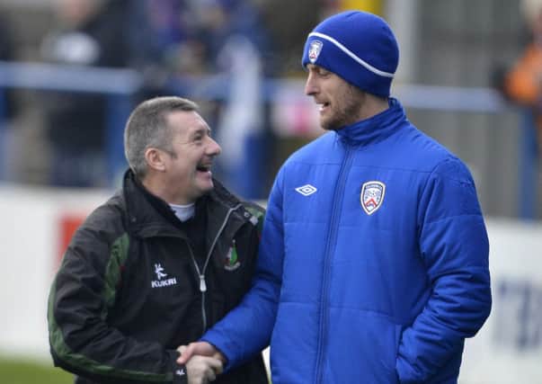 Oran Kearney and  Eddie Patterson share a joke during a previous game between Coleraine and Glentoran..
©Russell Pritchard / Presseye