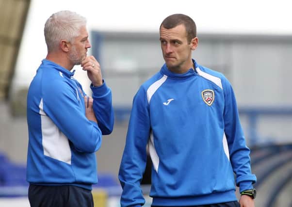 Coleraine manager Oran Kearney and assistant manager William Murphy.
Mandatory Credit Photo Lorcan Doherty / Presseye.com