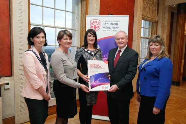 Press Eye - Belfast - Northern Ireland - 20th October 2015 - 

Finance Minister Arlene Foster and the deputy First Minister Martin McGuinness are pictured at Stormont launching a new economic development strategy for the Mid Ulster District Council. Pictured with the Ministers are Councillor Kim Ashton, deputy Chair Mid Ulster District Council, Councillor Linda Dillon, Chair of Mid Ulster District Council and Councillor Frances Burton.


The Finance Minister Arlene Foster said: "Economic development is at the heart of the Northern Ireland Executives work and our number one priority is to grow our economy and create jobs.

I welcome the new Mid Ulster Economic Development Plan which is both innovative and ambitious and delivers a clear message that Mid Ulster is most definitely open for business.

The new Mid Ulster District Council now has an unprecedented potential to develop opportunities for growth in higher value added sectors and the potential for export growth principally in agri-food, manufacturin