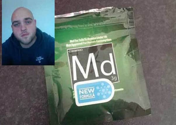 The unopened legal high sachet which father Stephen McKee (inset) found in Craigyhill. INLT-44-703-con