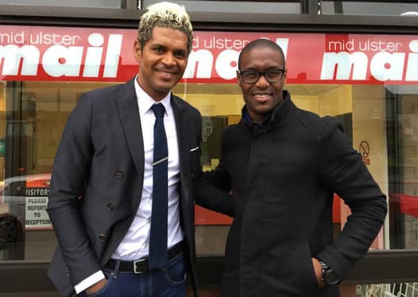 Former Liverpool star Abel Xavier visits the Mid Ulster Mail with Alberto Debarras