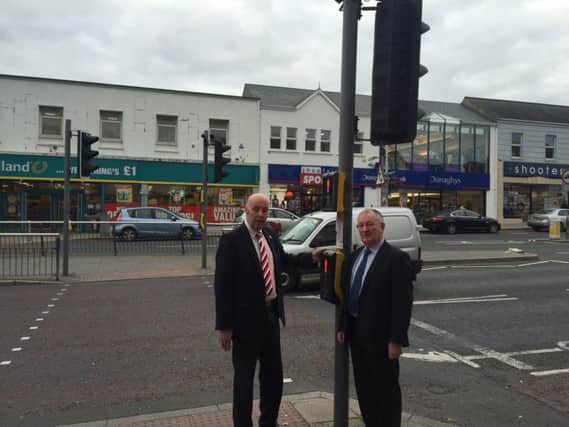 Crossing concerns: Local DUP representatives Junior McCrum and Sydney Anderson at the town centre puffin crossing in Newry Street, Banbridge. INBLcrossing