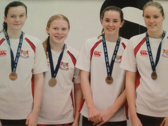 Banbridge Academy's Intermediate Girls relay team who got bronze  at the Swim Ulster Championships at the Aurora Aquatic Centre in Bangor. From left: Kate Allenby, Maria Lyons, Emma McElderry and Ellie Purdy.