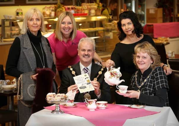 Pictured with The Mayor and Mayoress of Lisburn & Castlereagh City Council, Councillor Thomas Beckett, and Mrs Linda Beckett at the launch of the Ladies VintageTea evening at Café Vic-Ryn on Wednesday 11th November is, l-r; Lauren Collins from Jules at House of Vic-Ryn and Julie Elliott of Hillsborough, Gillian Hetherington from the Mary Peters Trust and proprietor of Café Vic-Ryn, Jacqueline Evans. INUS teaevening