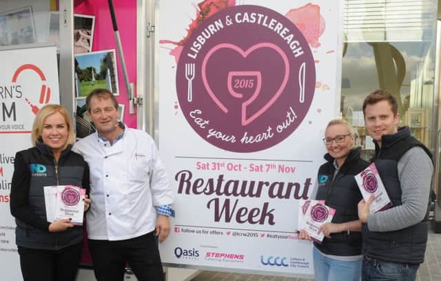Derek Patterson (second from left) with Michelle Chambers, Kathryn Tweedie and Neill Dalzell (ND Events) pictured at the launch of Restaurant Week in Lisburn City Centre on Saturday 17th October. INUS 2015-1964a restaurant week1