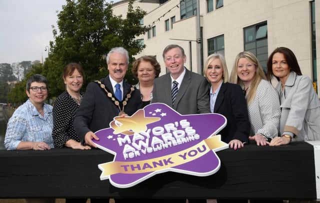 Pictured at the launch of the 2016 Mayors Awards for Volunteering is the Mayor of Lisburn & Castlereagh City Council, Councillor Thomas Beckett and Chairman of the Councils Leisure and Community Development Committee, Alderman Paul Porter with members of the working group; Wendy Osborne OBE, Volunteer Now; Monica Meehan, Education Authority; Caroline McGrath, South Eastern Health & Social Care Trust, Deirdre Russell, Community Services Manager; Rhonda Frew, Community Development Officer and Cathy Adamson, Mayors Secretary. Picture by Darren Kidd / Press Eye.  INUS Mayor's award launch.