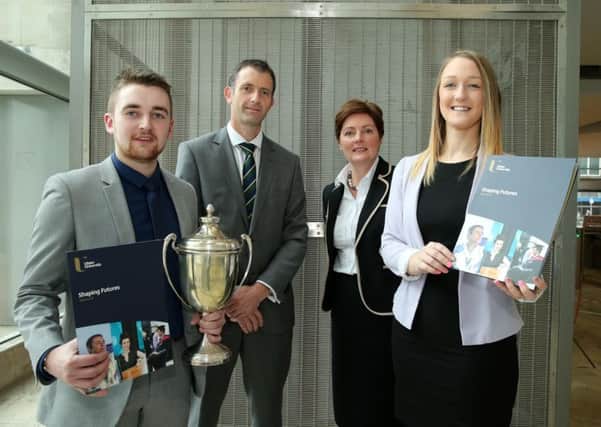 Thomas Livings and Lyndsey Reid, both former pupils of Carrickfergus Grammar School, were multiple winners at the annual Ulster University Business Schools Student Awards.  INCT 450-720-CON