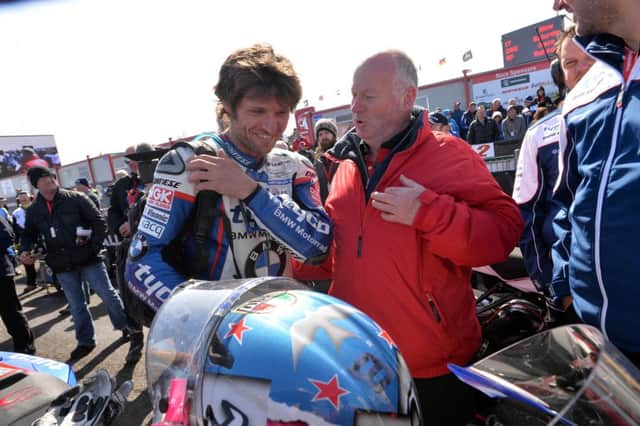Guy Martin appologises to Race Director Mervyn Whyte MBE at the start of the 2015 North West 200 races for comments he made about the event. Photo Stephen Davison/Pacemaker Press