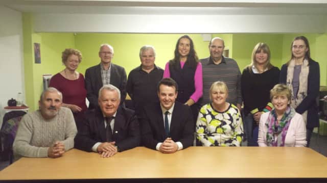 Front row, from left, Cllr Gerry Mullan, John Dallat MLA, Colum Eastwood MLA, Cllr Margaret Anne McKillop, Cllr Maura Hickey. Back row, Cliodhna Rea, Barney McNicholl, John Montgomery, Cllr Stephanie Quigley, Sean Beattie, Angela Mulholland, Cllr Orla Beatie.