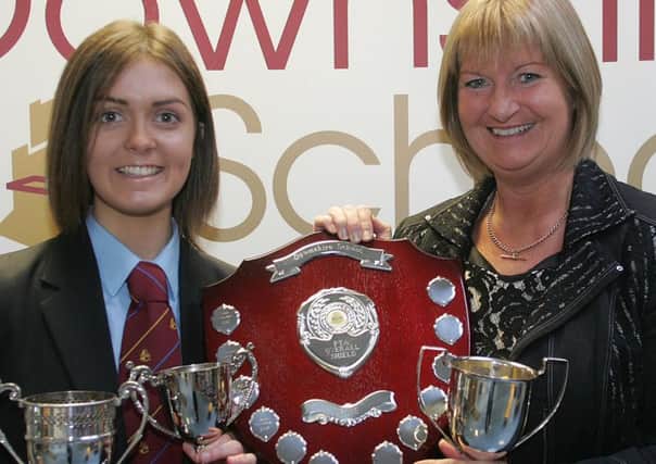Principal Jacqueline Stewart with Jenna Macartney, top achiever at GCSE, who was awarded prizes for ICT, Modern Languages and Child Development. She was also awarded the PTA Shield for the highest academic achievement in year 12. INCT 44-707-CON