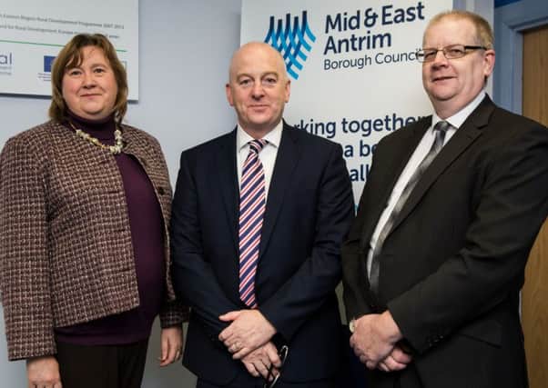 from left: Development Forum chair  Ald. Maureen Morrow, AEL chief executive David Hunter and Sam Faulkner, procurement manager with Mid and East Antrim Borough Council.. INLT 45-625-CON